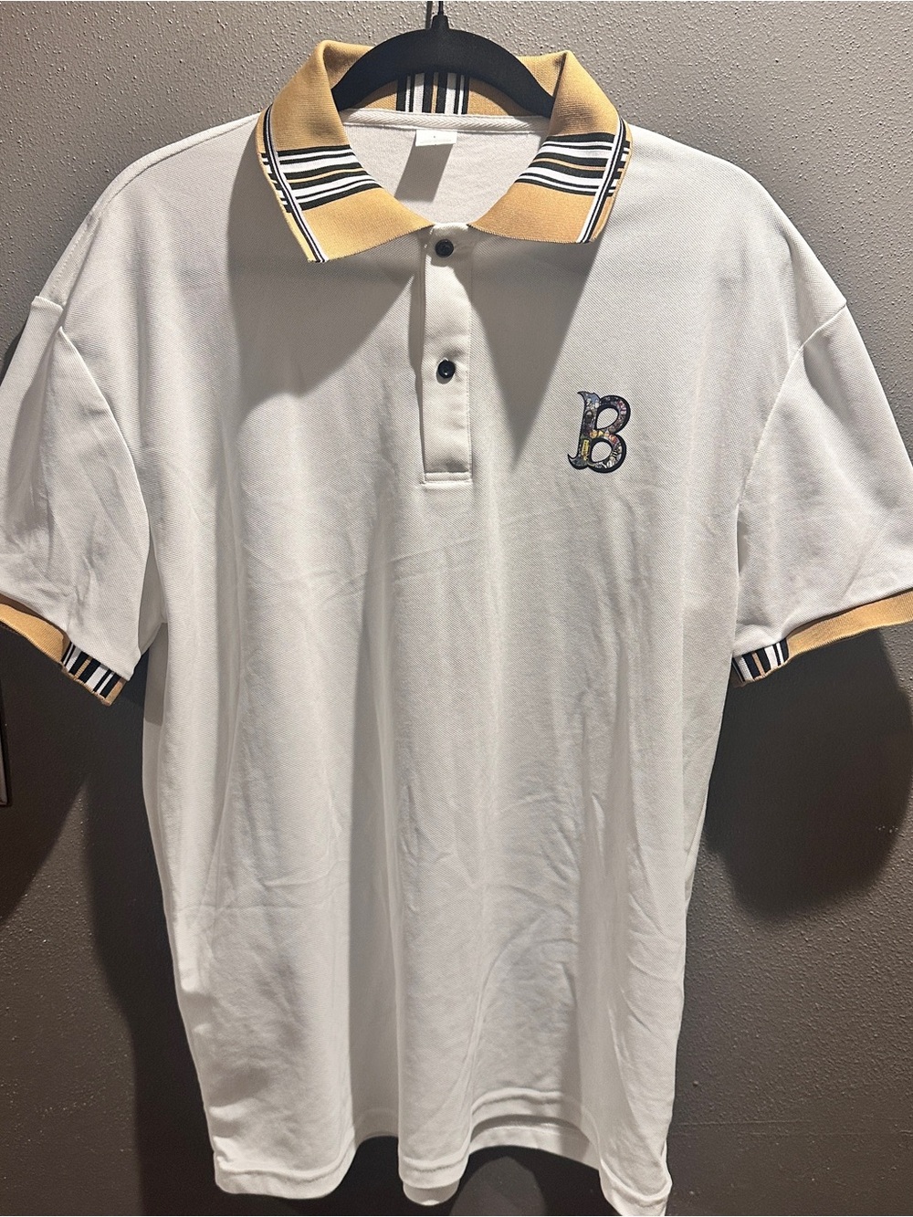 Source Unknown White Polo with Yellow Trim and Embroidered B